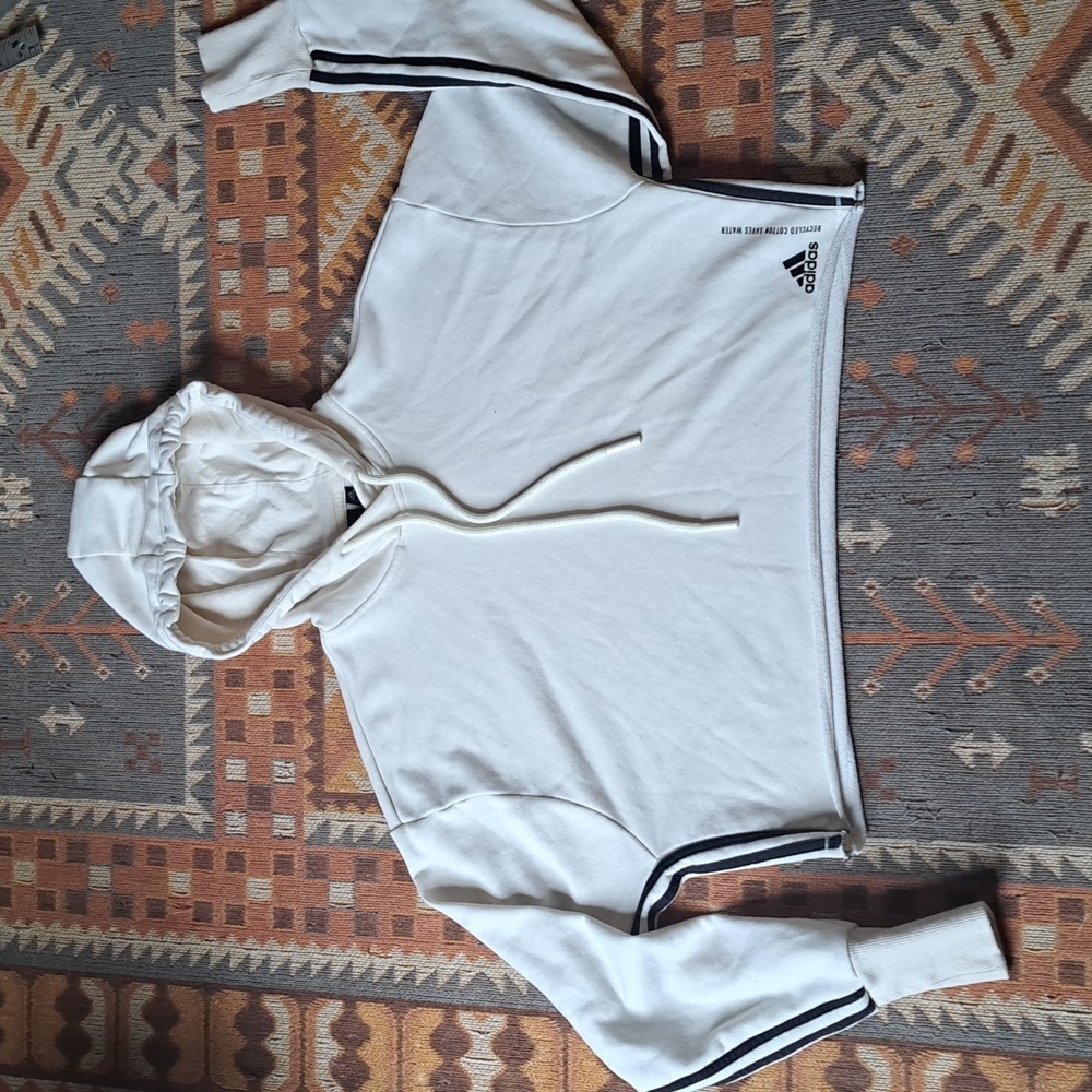Adidas Hoodie Sweatshirt Womens XS Cropped Recycled Cotton 3‎ Stripe Performance